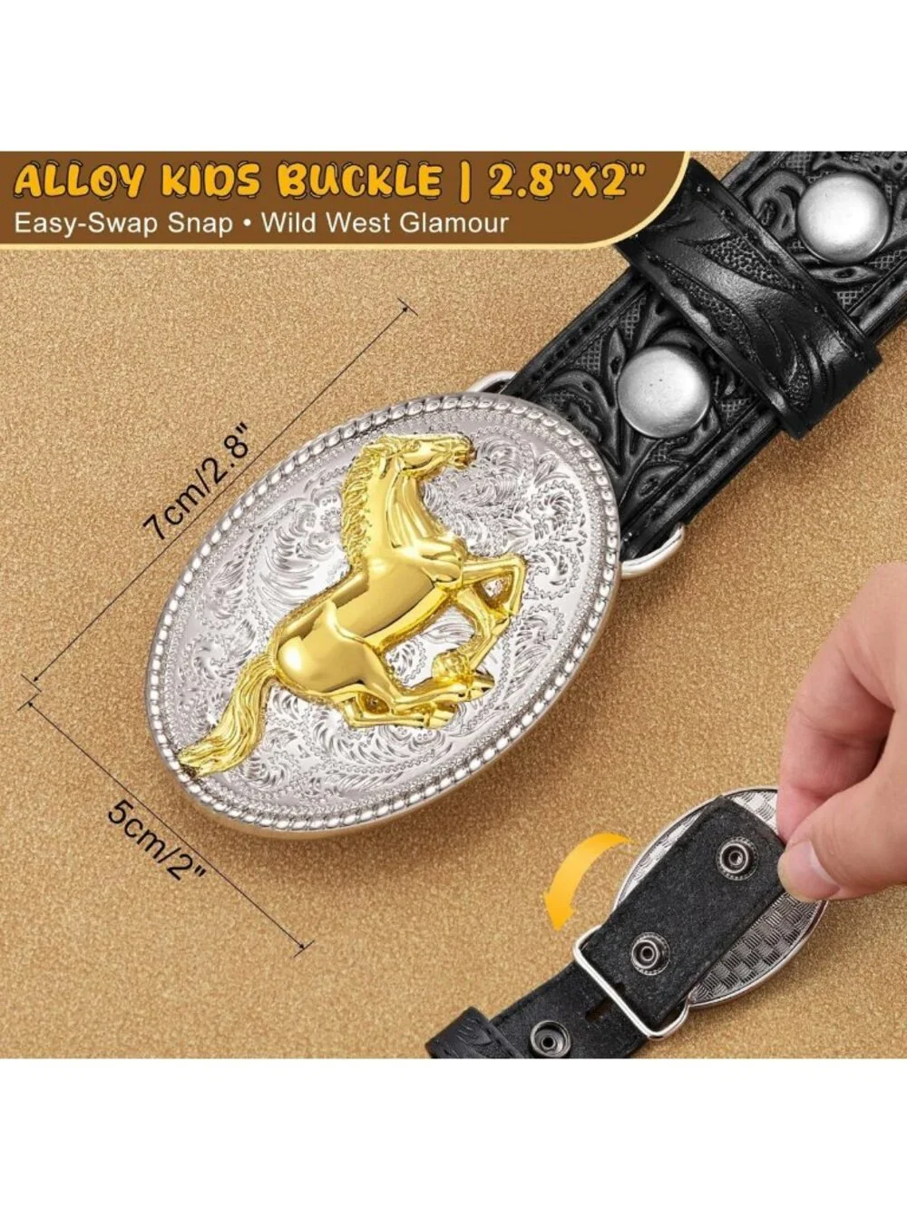 Kids Western Cowboy Belt - Genuine Leather, Embossed, Removable Buckle, Perfect